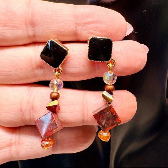Hand Crafted Jewelry - Elegant Black and Brown Dangle earrings/Red  jasper